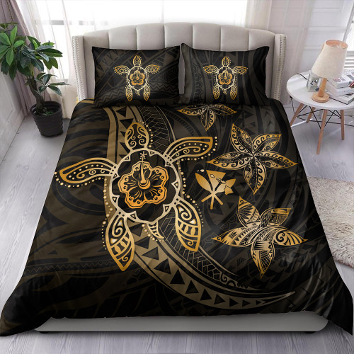 Hawaii Bedding Set Kanaka Maoli Map Hibiscus Plumeria Turtle Art Polynesian Gold