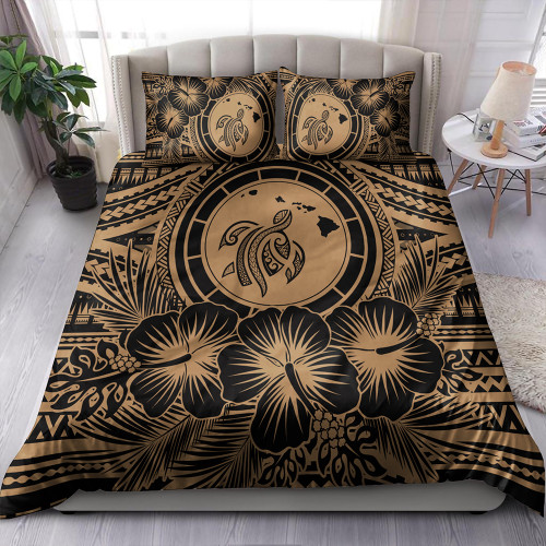 Hawaii Bedding Set Map Honu Hibiscus Polynesian Gold