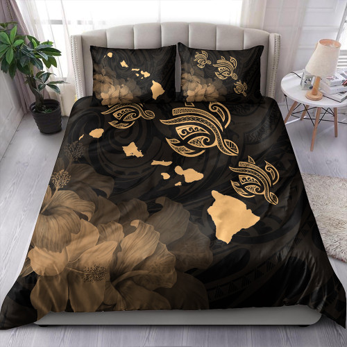 Hawaii Bedding Set Turtle Hibiscus Map Polynesian Family Gold