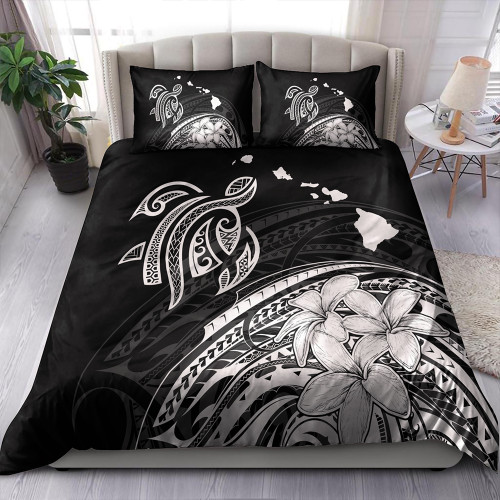Hawaii Bedding Set Turtle Polynesian Map Plumeria White