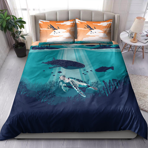 Hawaii Bedding Set Whale And Turtle In Sunset Polynesian