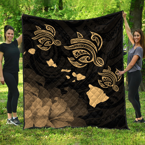 Hawaii Premium Quilt Turtle Hibiscus Map Polynesian Family Gold