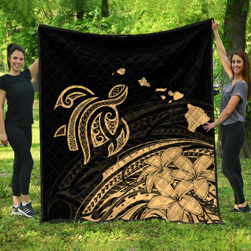 Hawaii Premium Quilt Turtle Polynesian Map Plumeria Gold