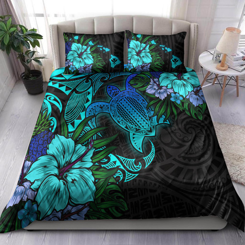 Hawaii Bedding Set - Hawaii Polynesian Turtle Tropical Blue Gardient Blue Bedding Set