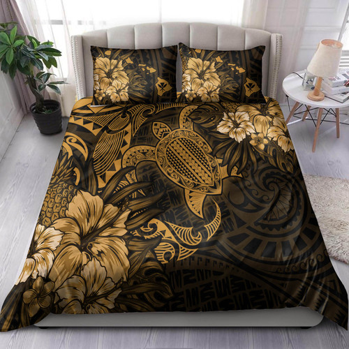 Hawaii Bedding Set - Hawaii Polynesian Turtle Tropical Golden Bedding Set