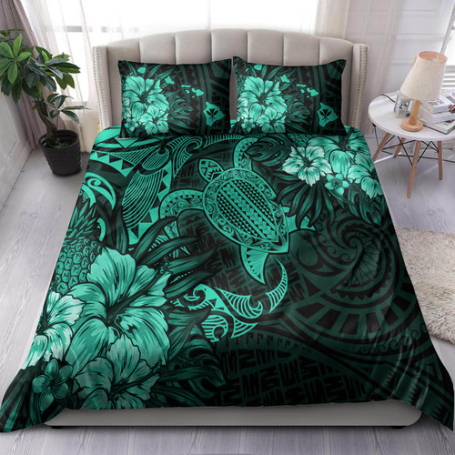 Hawaii Bedding Set - Hawaii Polynesian Turtle Tropical Patina Green Bedding Set