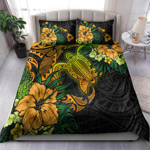 Hawaii Bedding Set - Hawaii Polynesian Turtle Tropical Gardient Yellow Bedding Set