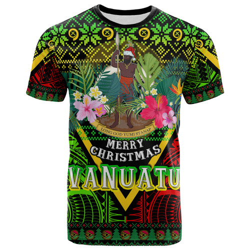 Vanuatu Polynesian Christmas T-Shirt - Custom Vanuatu Coat of Arms Christmas Hat Polynesian Patterns T-Shirt