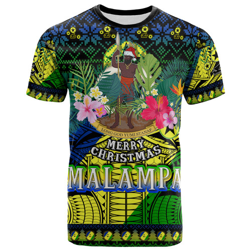 Malampa Polynesian Christmas T-Shirt - Custom Malampa Vanuatu Coat of Arms Christmas Hat Polynesian Patterns T-Shirt