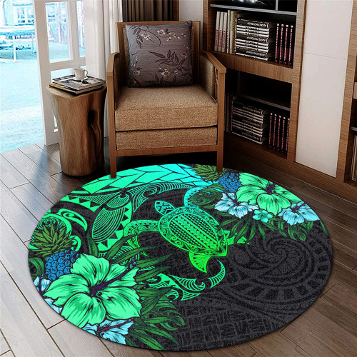 Hawaii Round Rug Hawaii Polynesian Turtle Tropical Gardient Green