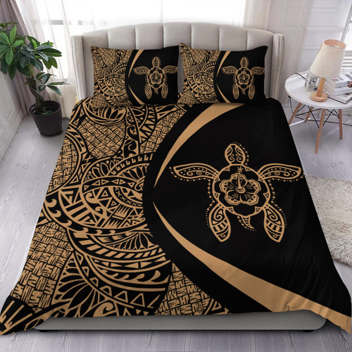 Hawaii Bedding Set Turtle Hibiscus Lauhala Black Gold Circle