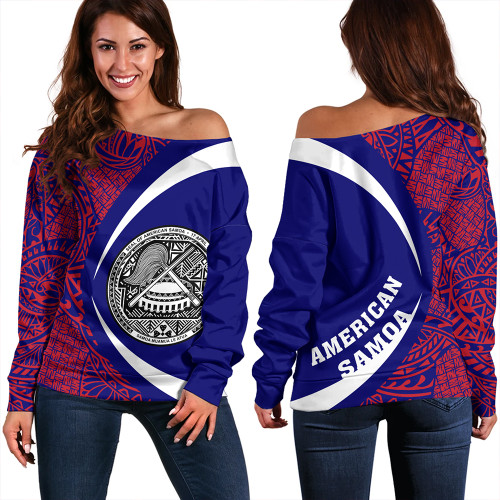 Samoa Off Shoulder Sweatshirt American Samoa Coat Of Arm Lauhala Circle