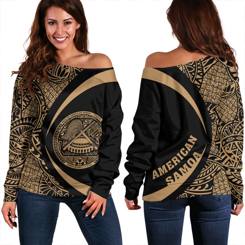 Samoa Off Shoulder Sweatshirt American Samoa Coat Of Arm Lauhala Gold Circle
