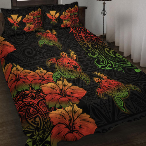 Hawaii Quilt Bed Set Hawaii Turtle Map Style Drawing Polynesian