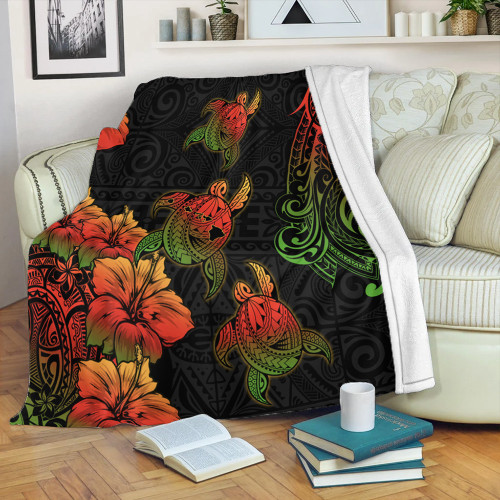 Hawaii Premium Blanket Hawaii Turtle Map Style Drawing Polynesian