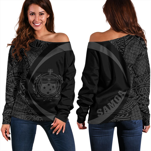 Samoa Off Shoulder Sweatshirt Coat Of Arm Lauhala Gray Circle
