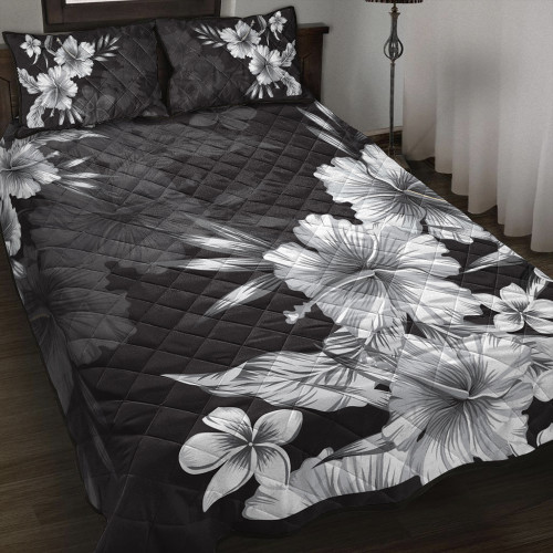 Hawaii Quilt Bed Set Hibiscus And Plumeria B&W
