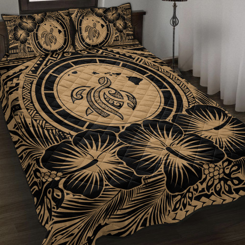 Hawaii Quilt Bed Set Map Honu Hibiscus Polynesian Gold