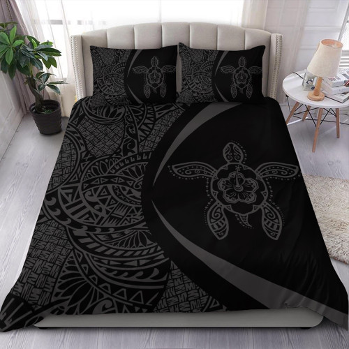 Hawaii Bedding Set Turtle Hibiscus Lauhala Black Gray Circle