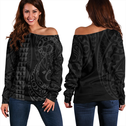 Hawaii Off Shoulder Sweatshirt Hawaiian Map Kakau Style Gray