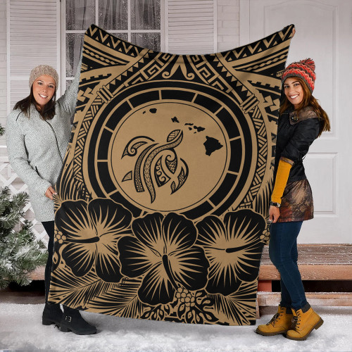 Hawaii Premium Blanket Map Honu Hibiscus Polynesian Gold