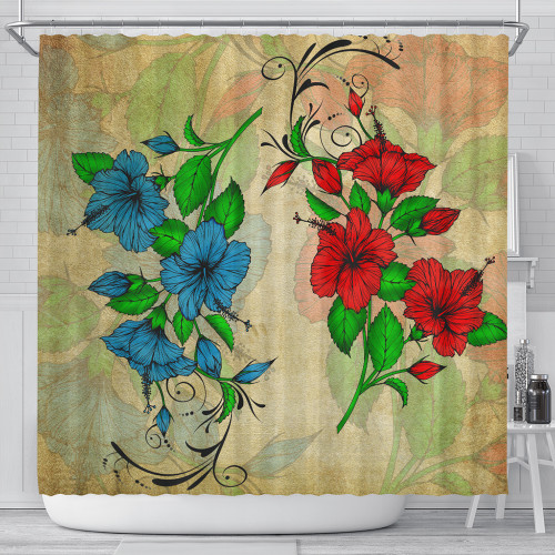 Hawaii Shower Curtain Hibiscus Blue And Red
