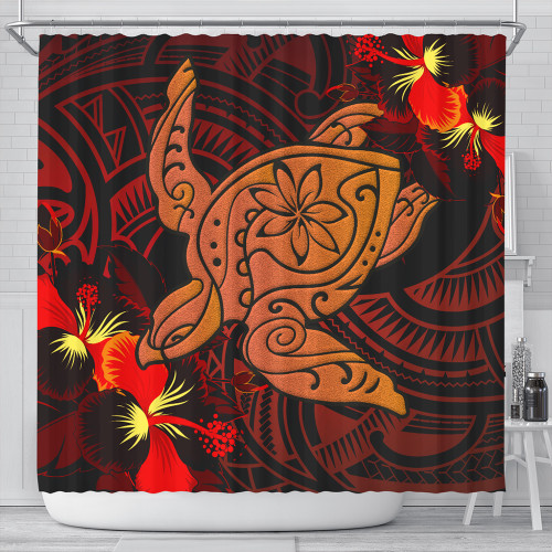 Hawaii Shower Curtain Hibiscus Polynesian Red Big Turtle
