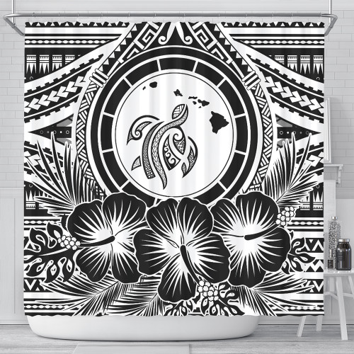 Hawaii Shower Curtain Map Honu Hibiscus Polynesian White