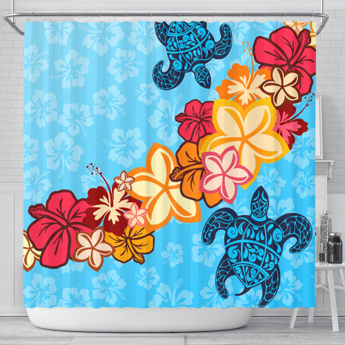 Hawaii Shower Curtain Turtle Hibiscus Pattern Blue
