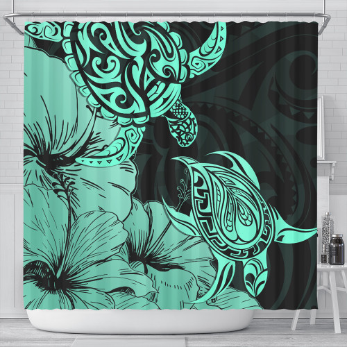 Hawaii Turtle Shower Curtain Polynesian Hibiscus Art Turquoise