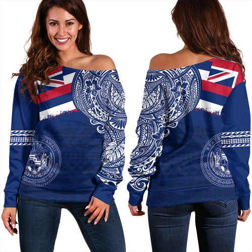 Hawaii Off Shoulder Sweatshirt Polynesian Flag With Coat Of Arms