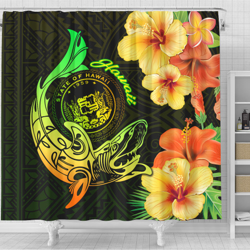 Hawaii Polynesian Shower Curtain - Hawaii Sharks Tribal Patterns Green