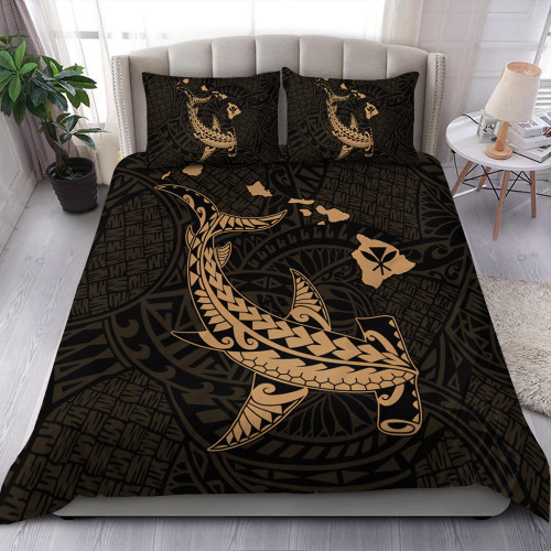 Hawaii Bedding Set Hawaiian Native Map Hammerhead Shark Gold