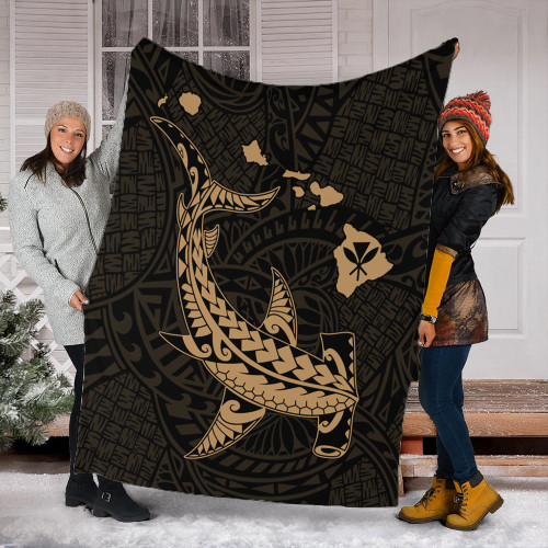 Hawaii Premium Blanket Hawaiian Native Map Hammerhead Shark Gold