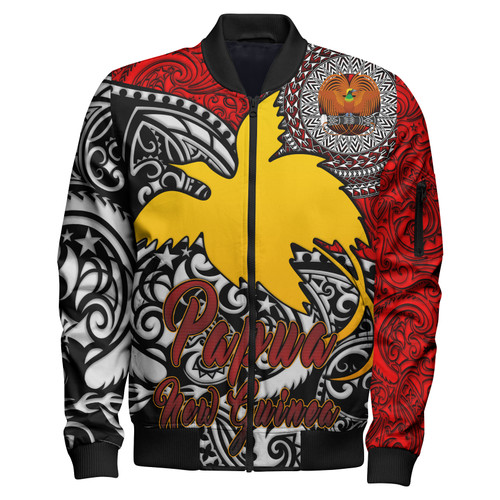 Papua New Guinea Bomber Jacket - Emblem Of Papua New Guinea With Polynesian Patterns