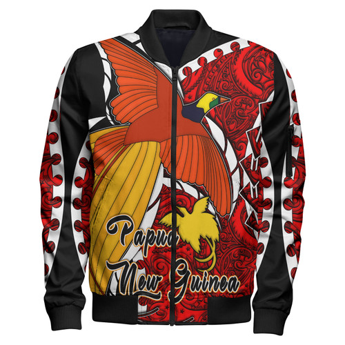 Papua New Guinea Bomber Jacket - Paradise Bird Of Papua New Guinea with Polynesian Patterns