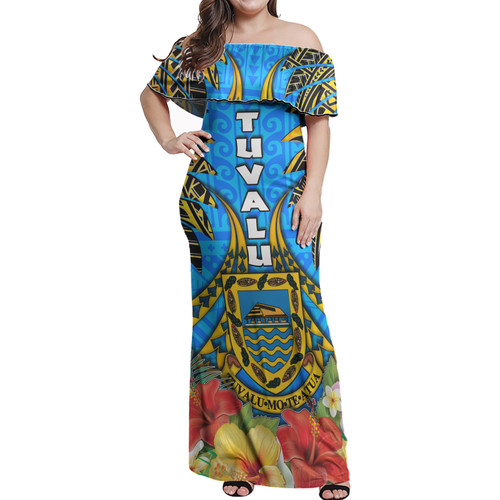 Tuvalu Polynesian Woman Off Shoulder Long Dress - Tuvalu Independence Day with Polynesian Hibiscus