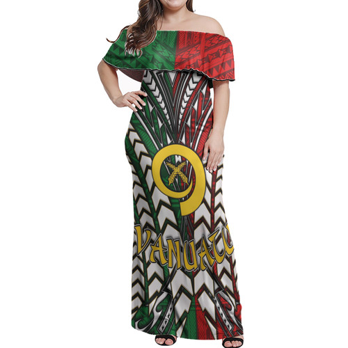 Vanuatu Woman Off Shoulder Long Dress - Vanuatu Independence Anniversary With Arm Polynesian Patterns