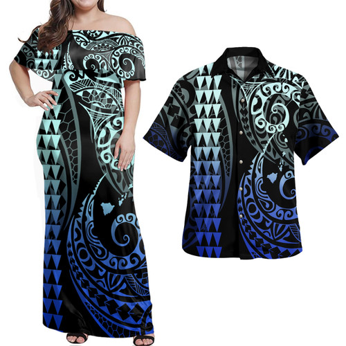 Hawaii Polynesian Combo Dress And Shirt Hawaiian Map Kakau Style Blue