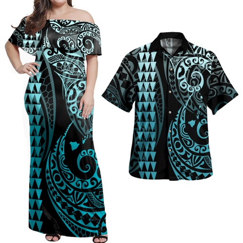 Hawaii Polynesian Combo Dress And Shirt Hawaiian Map Kakau Style Turquoise