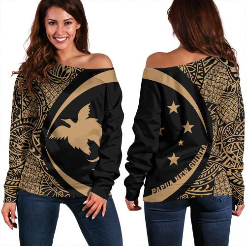 Papua New Guinea Off Shoulder Sweatshirt Coat Of Arm Lauhala Gold Circle