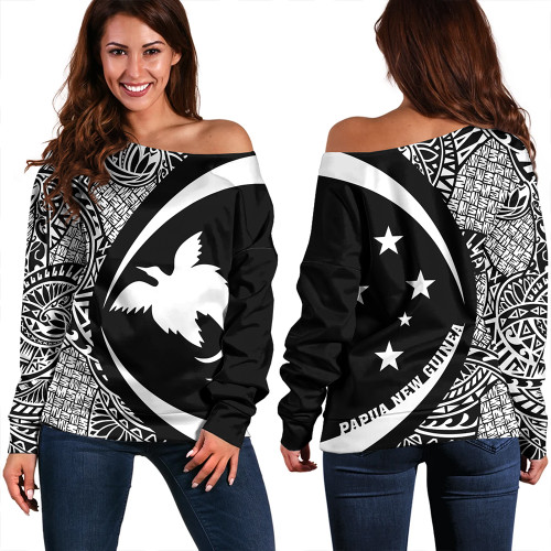 Papua New Guinea Off Shoulder Sweatshirt Coat Of Arm Lauhala White Circle