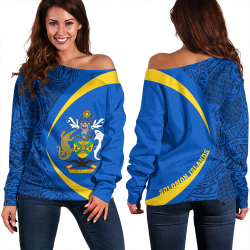 Solomon Islands Off Shoulder Sweatshirt Coat Of Arm Lauhala Circle
