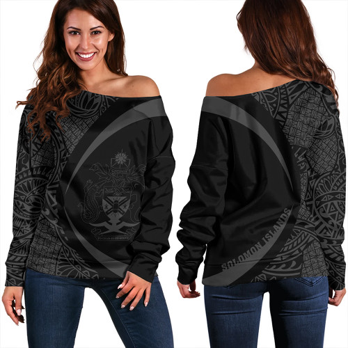 Solomon Islands Off Shoulder Sweatshirt Coat Of Arm Lauhala Gray Circle