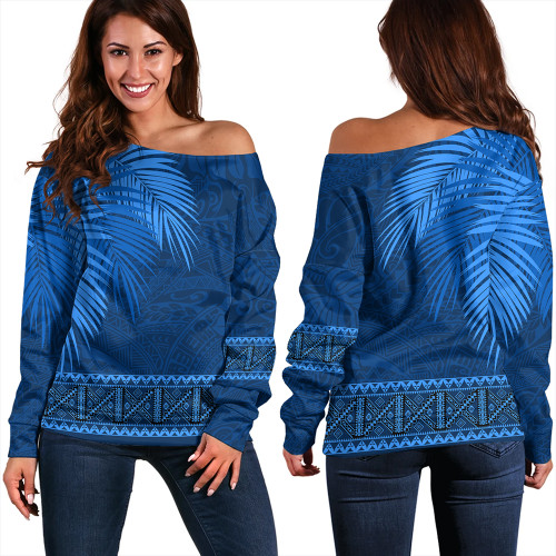 Samoa Off Shoulder Sweatshirt Masi Dobby Fabric Leaves