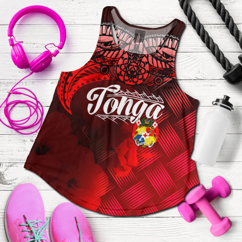 Tonga Polynesian Racerback Women Tank - Tonga Coat Of Arms with Lauhala Tribal Pattern