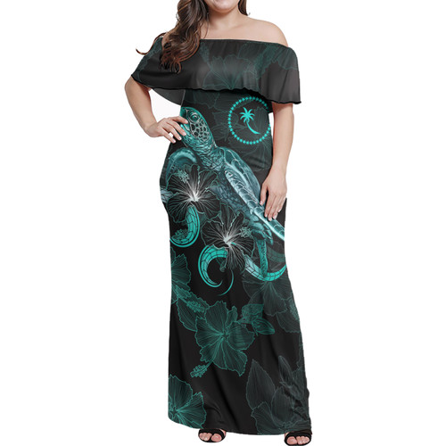 Chuuk Woman Off Shoulder Long Dress - Chuuk Coat Of Arms With Turtle Blooming Hibiscus Turquoise