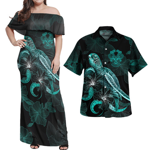 Easter Island Combo Dress And Shirt - Easter Island Coat Of Arms Turtle Blooming Hibiscus Turquoise
