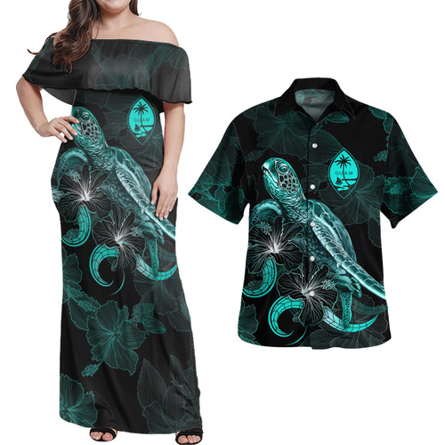 Guam Combo Dress And Shirt - Guam Coat Of Arms With Polynesian Turtle Blooming Hibiscus Turquoise