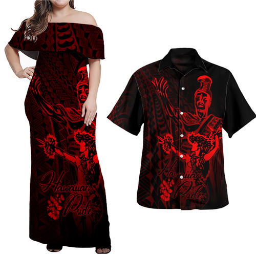 Hawaii Polynesian Combo Dress And Hawaiian Shirt - King Of Hawaii With Hawaiian Girls Red Version